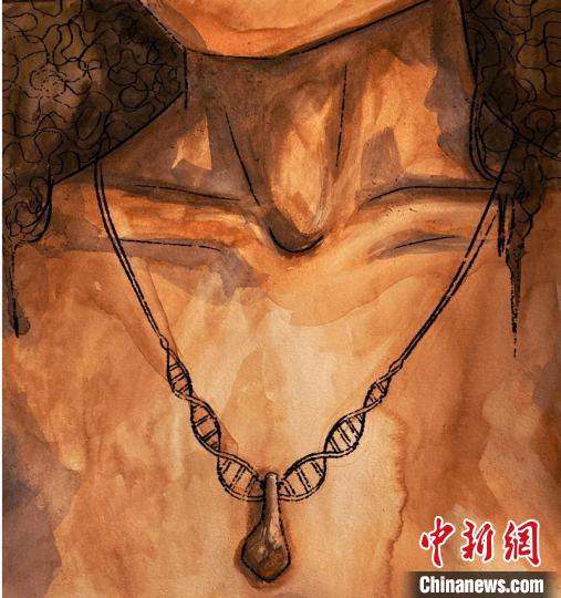 墜飾藝術(shù)再現(xiàn)圖，圖中吊墜繩為DNA螺旋樣式(圖片作者M(jìn)yrthe Lucas)。　施普林格·自然 供圖