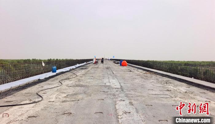 工作人員正在橋面上緊張有序地施工?！∈酚窠?攝