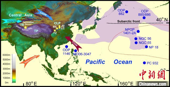 塔里木沙塵傳輸至北太平洋的路徑(陰影區(qū))及西昆侖山黃土巖芯位置(五角星)?！≈锌圃呵嗖馗咴?供圖