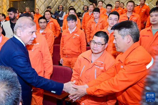 4月1日，在巴基斯坦西北部開(kāi)伯爾-普什圖省達(dá)蘇，巴基斯坦總理夏巴茲（左）同達(dá)蘇水電站項(xiàng)目中方員工握手。新華社發(fā)（巴基斯坦新聞與廣播部下轄媒體信息部門供圖）