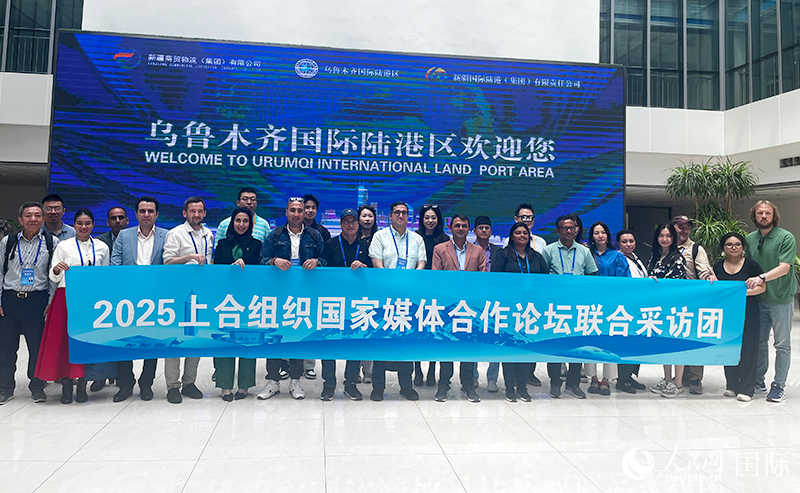 5月26日，外國(guó)媒體人在烏魯木齊國(guó)際陸港區(qū)合影留念。 人民網(wǎng)記者 翟轉(zhuǎn)麗攝