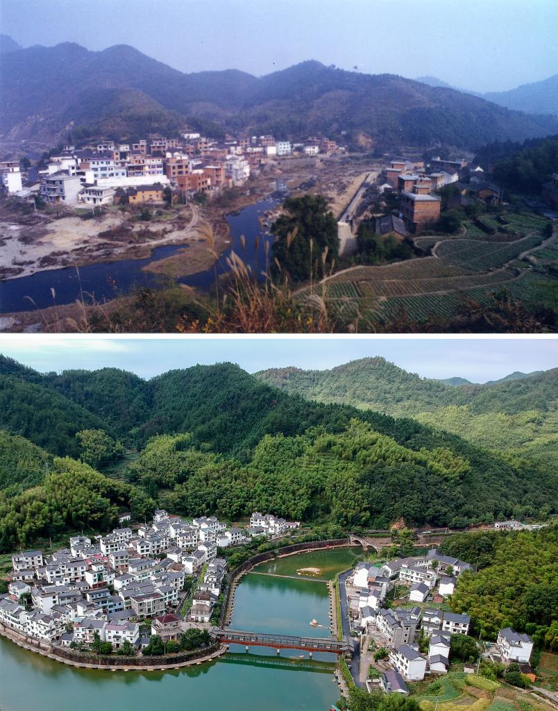 圖為浙江省杭州市淳安縣楓樹嶺鎮(zhèn)下姜村拼版圖，其中上圖為資料照片、下圖由新華社記者張鋮攝。