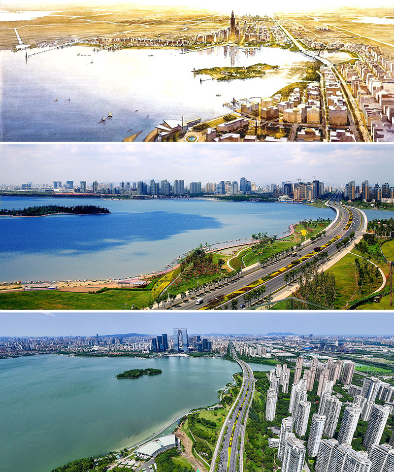 拼版照片：上圖為1994年繪制的蘇州工業(yè)園區(qū)手繪規(guī)劃圖；中圖為2007年拍攝的蘇州工業(yè)園區(qū)；下圖為2023年7月4日用無人機拍攝的蘇州工業(yè)園區(qū)。