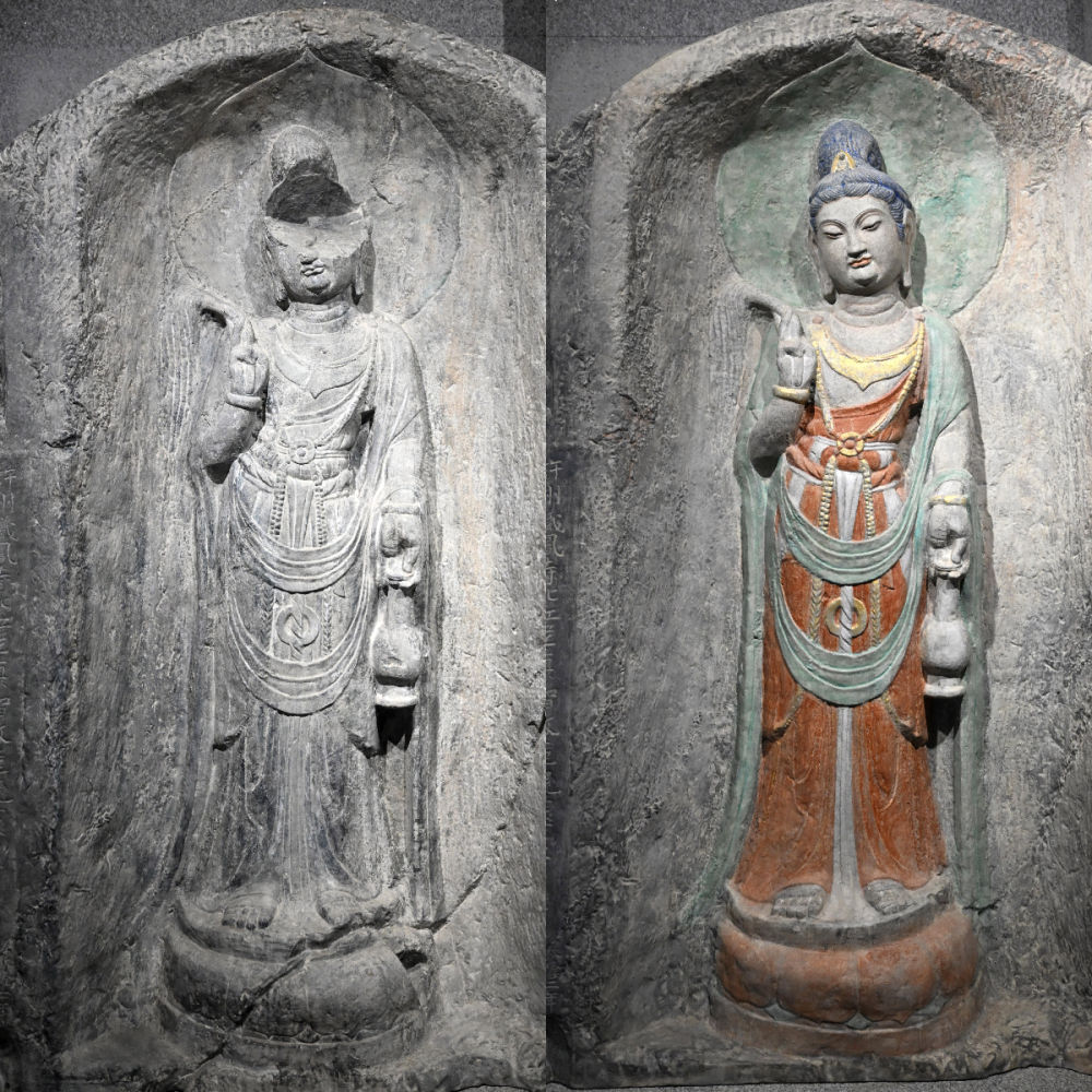 左圖為龍門(mén)石窟萬(wàn)佛洞窟前南壁菩薩造像的3D打印模型；右圖為利用數(shù)字化技術(shù)復(fù)原后的3D打印模型（2025年4月10日攝，拼版照片）。復(fù)原后的像龕精妙絕倫，栩栩如生，被游客譽(yù)為“龍門(mén)最美菩薩”。圖片來(lái)源新華社