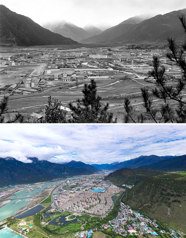 拼版照片：上圖是20世紀90年代的西藏林芝八一鎮(zhèn)；下圖是2021年7月20日拍攝的西藏林芝八一鎮(zhèn)風貌。