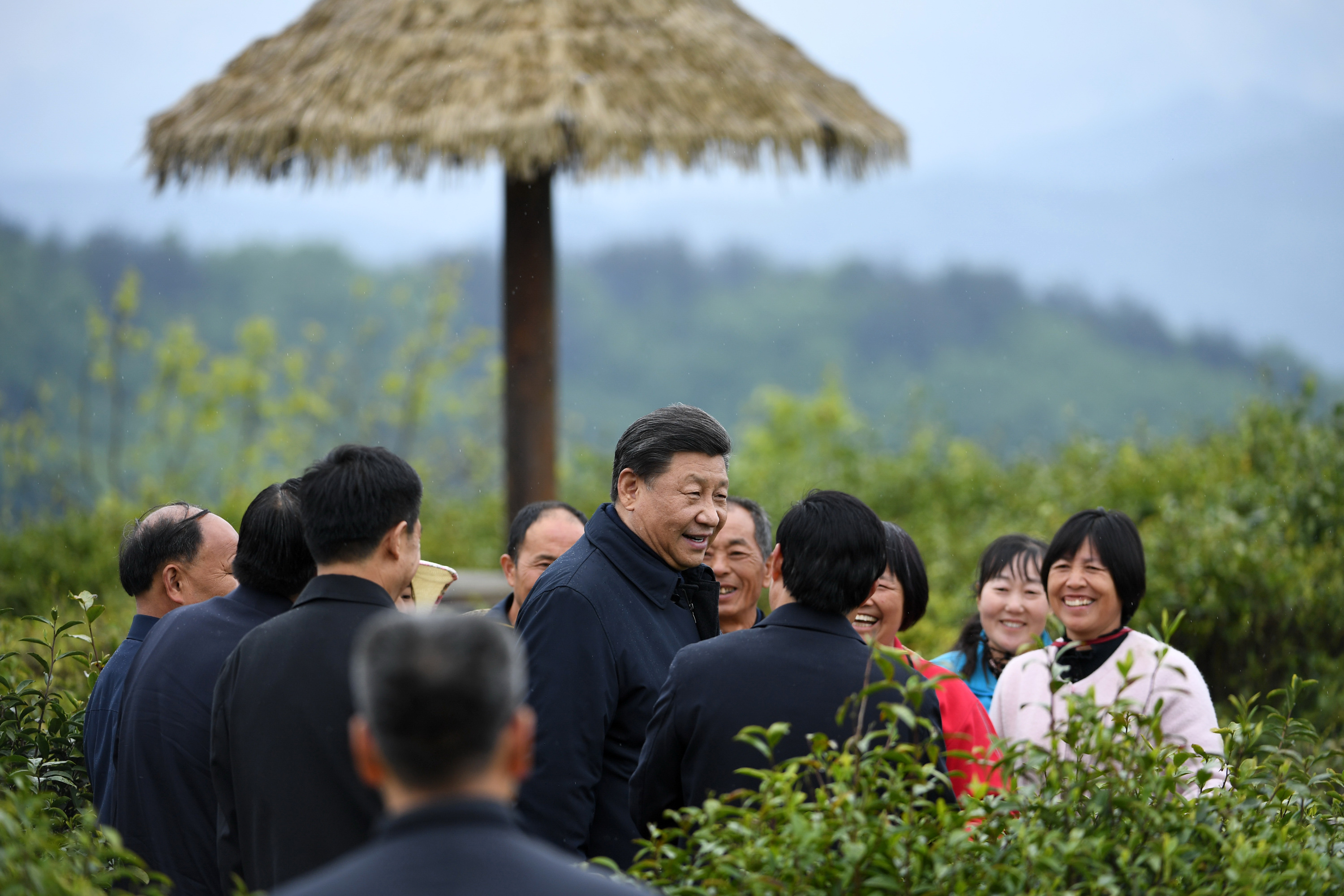 2020年4月21日，習近平在安康市平利縣老縣鎮(zhèn)蔣家坪村女媧鳳凰茶業(yè)現(xiàn)代示范園區(qū)，同茶農們親切交談。