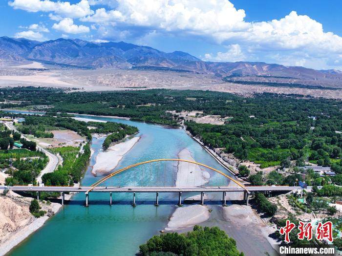 航拍貴德縣黃河岸畔綠意盎然。　馬銘言 攝