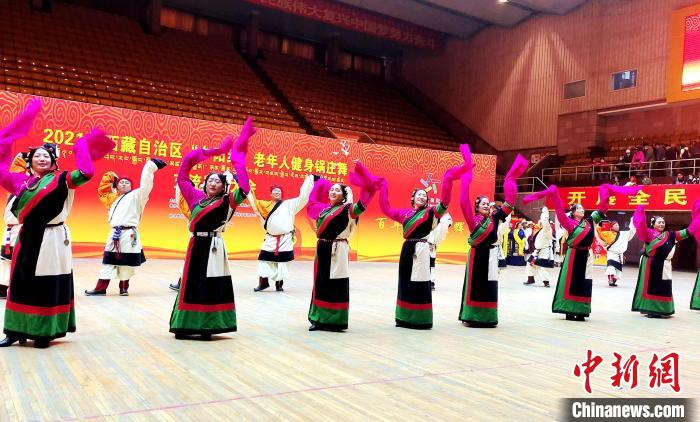 圖為西藏老年舞蹈隊(duì)齊跳傳統(tǒng)鍋莊舞?！∝暽＠?攝