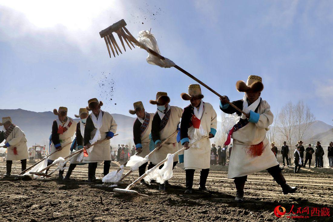 當(dāng)?shù)卮迕裆碇?jié)日盛裝，舉行春耕儀式。人民網(wǎng) 次仁羅布攝