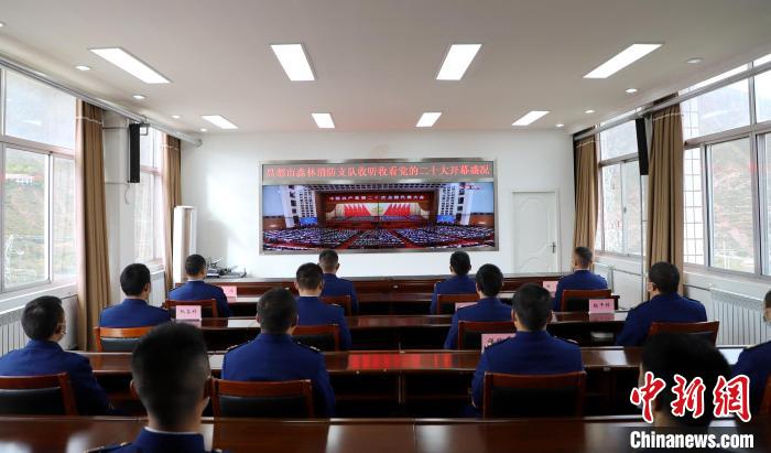 圖為西藏昌都市森林消防支隊收看二十大開幕直播?！⌒焖寂?攝