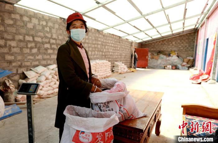 圖為寧重崗村村民扎西才措把自家的油菜籽送到合作社銷售。　嘉黎縣融媒體中心供圖