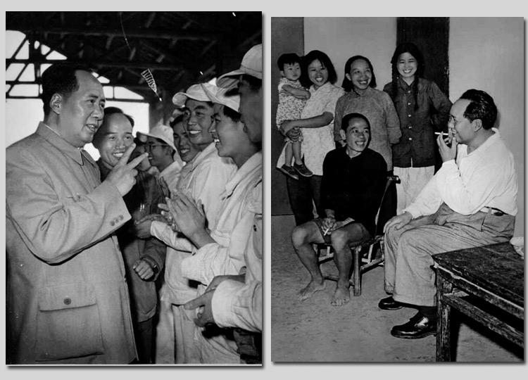 左圖：1959年，毛主席在安徽視察工廠時，同煉鋼工人親切談話。右圖：1959年，毛主席在湖南視察韶山，同貧農(nóng)社員親切談話。
